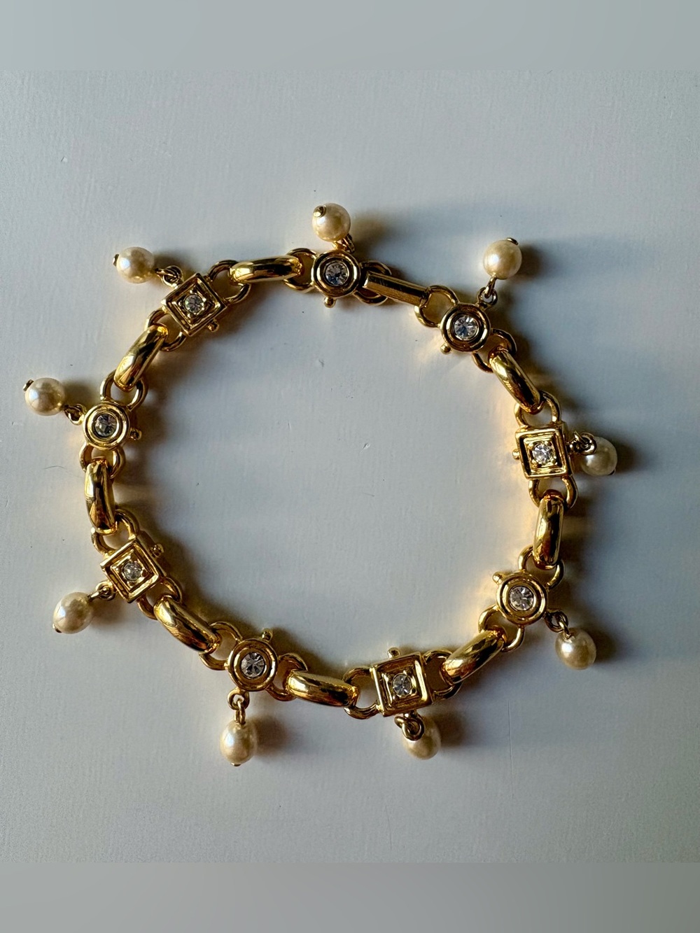 Vintage Joan Rivers Goldtone Pearl and Rhinestone Charm Bracelet - Women Jewelry